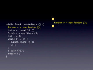 Random r = new Random ();
public Stack createStack () {
  Random r = new Random ();
  int n = r.nextInt ();
  Stack s = new Stack ();
  int i = 0;
  while (i < n) {
    s.push (rand (r));
    i++;
  }
  s.push (-1);
  return s;
}
 
