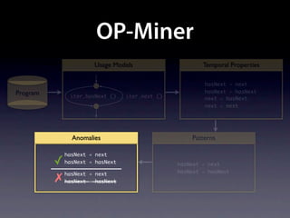 OP-Miner
                       Usage Models                      Temporal Properties

                                                          hasNext ≺ next
Program                                                   hasNext ≺ hasNext
               iter.hasNext ()    iter.next ()            next ≺ hasNext
                                                          next ≺ next




                Anomalies                            Patterns

              hasNext ≺ next
          ✓   hasNext ≺ hasNext                  hasNext ≺ next
              hasNext ≺ next                     hasNext ≺ hasNext
          ✗   hasNext ≺ hasNext
 