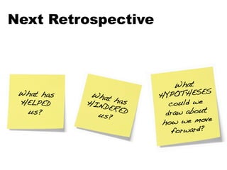 Next Retrospective



                            What
                                     S
 What has    What      HYPOTHESE
 HELPED     HIND has      could we
                ERED
  us?!        us?!       draw about
                        how we move
                           forward?!
 