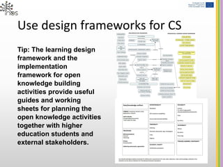 Use design frameworks for CS
Tip: The learning design
framework and the
implementation
framework for open
knowledge building
activities provide useful
guides and working
sheets for planning the
open knowledge activities
together with higher
education students and
external stakeholders.
 