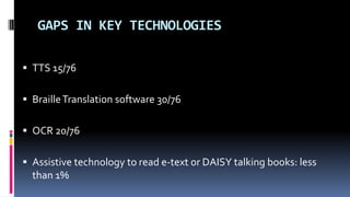 GAPS IN KEY TECHNOLOGIES 
 TTS 15/76 
 Braille Translation software 30/76 
 OCR 20/76 
 Assistive technology to read e-text or DAISY talking books: less 
than 1% 
 
