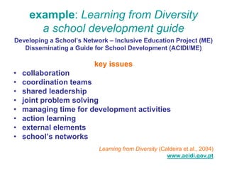 example: Learning from Diversity
       a school development guide
Developing a School’s Network – Inclusive Education Project (ME)
   Disseminating a Guide for School Development (ACIDI/ME)

                         key issues
•   collaboration
•   coordination teams
•   shared leadership
•   joint problem solving
•   managing time for development activities
•   action learning
•   external elements
•   school’s networks
                           Learning from Diversity (Caldeira et al., 2004)
                                                      www.acidi.gov.pt
 