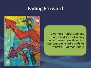 Failing Forward
Give me a fruitful error any
time, full of seeds, bursting
with its own corrections. You
can keep your sterile truth for
yourself.—Vilfredo Pareto
 