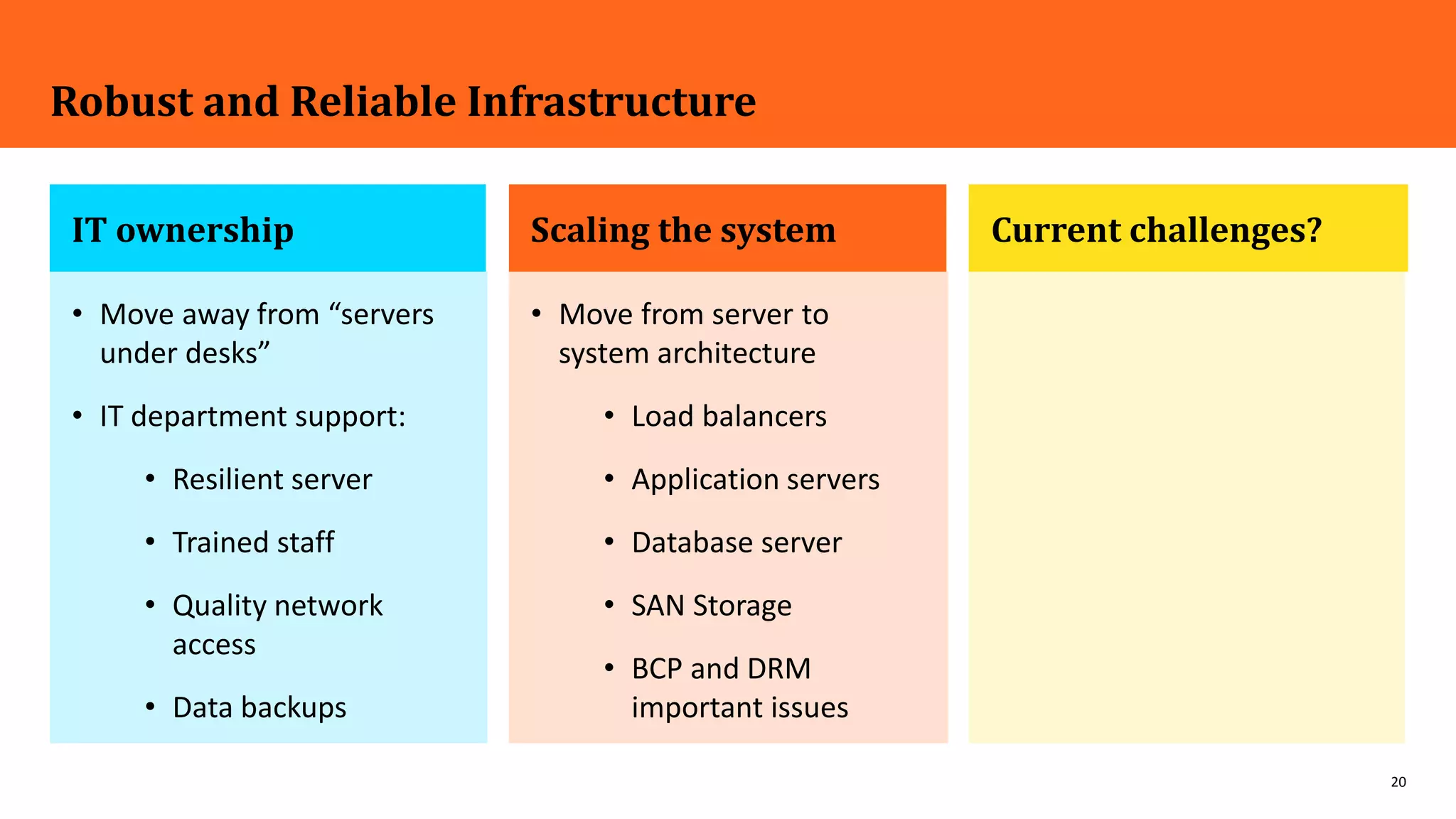 20
IT ownership
Robust and Reliable Infrastructure
Scaling the system
• Move away from “servers
under desks”
• IT department support:
• Resilient server
• Trained staff
• Quality network
access
• Data backups
Current challenges?
• Move from server to
system architecture
• Load balancers
• Application servers
• Database server
• SAN Storage
• BCP and DRM
important issues
 