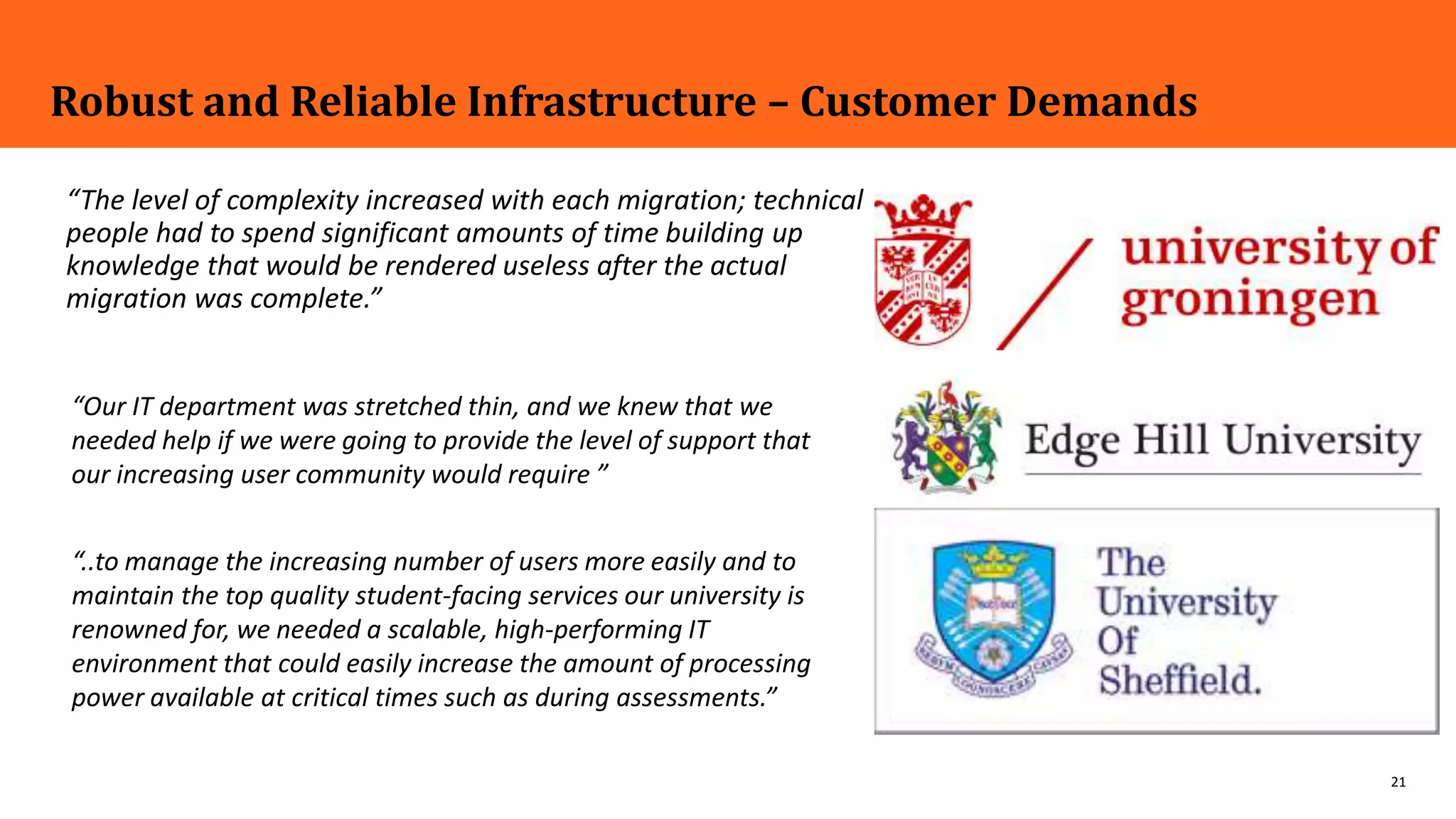 21
Robust and Reliable Infrastructure – Customer Demands
“The level of complexity increased with each migration; technical
people had to spend significant amounts of time building up
knowledge that would be rendered useless after the actual
migration was complete.”
“Our IT department was stretched thin, and we knew that we
needed help if we were going to provide the level of support that
our increasing user community would require ”
“..to manage the increasing number of users more easily and to
maintain the top quality student-facing services our university is
renowned for, we needed a scalable, high-performing IT
environment that could easily increase the amount of processing
power available at critical times such as during assessments.”
 