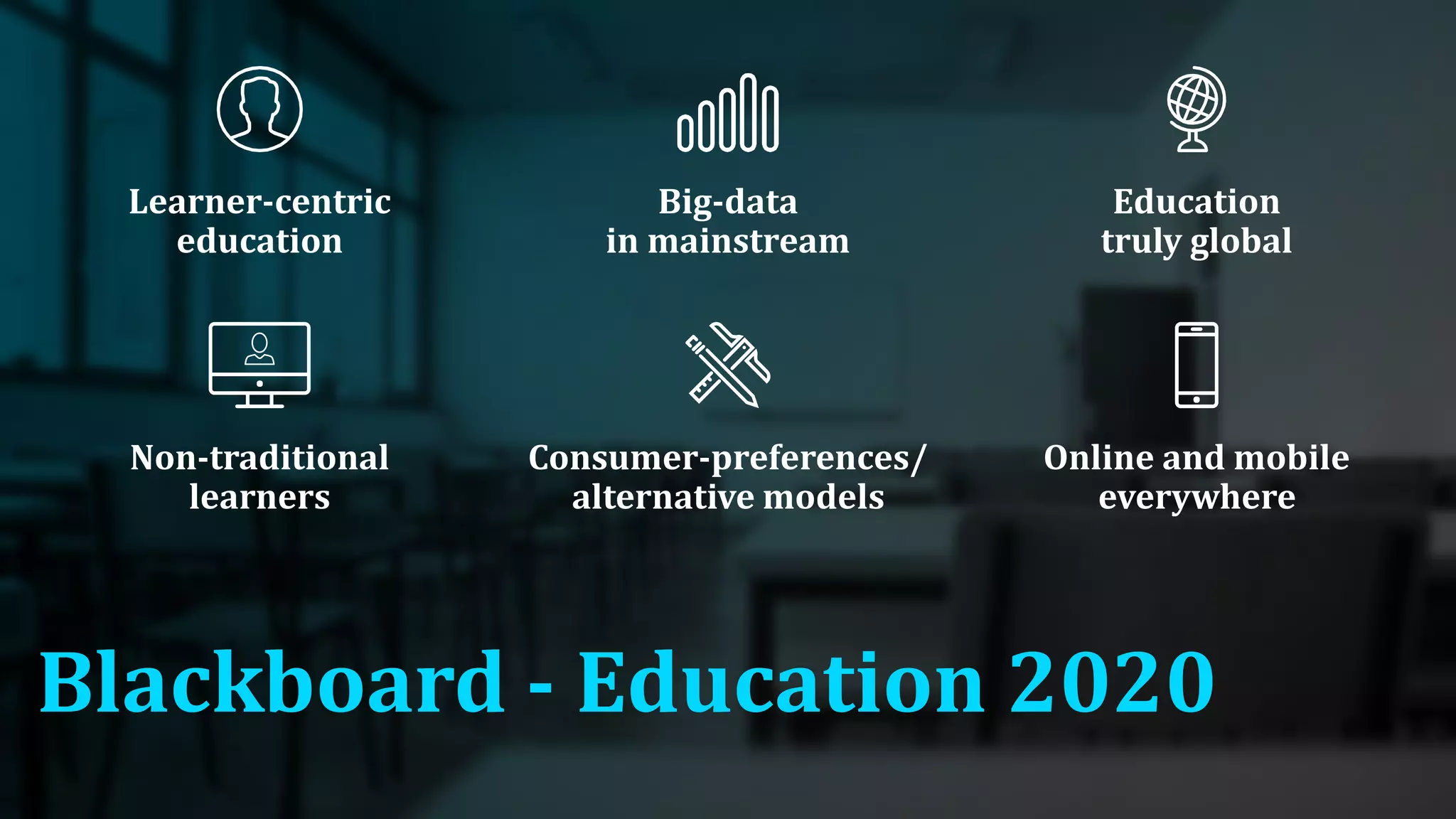 26
Blackboard - Education 2020
Learner-centric
education
Non-traditional
learners
Big-data
in mainstream
Consumer-preferences/
alternative models
Education
truly global
Online and mobile
everywhere
 