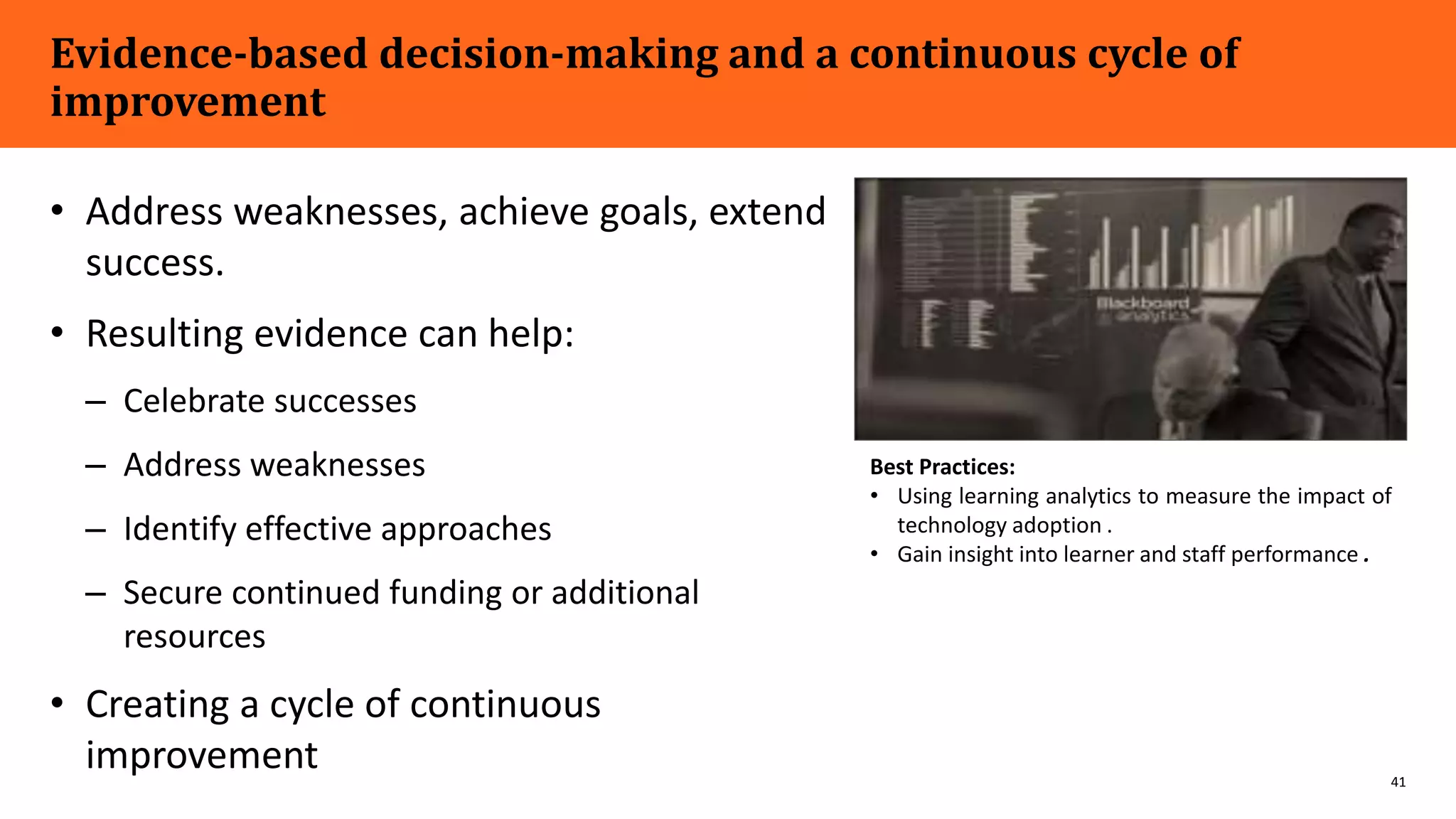 41
Evidence-based decision-making and a continuous cycle of
improvement
• Address weaknesses, achieve goals, extend
success.
• Resulting evidence can help:
– Celebrate successes
– Address weaknesses
– Identify effective approaches
– Secure continued funding or additional
resources
• Creating a cycle of continuous
improvement
Best Practices:
• Using learning analytics to measure the impact of
technology adoption .
• Gain insight into learner and staff performance .
 