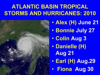 ATLANTIC BASIN TROPICAL
STORMS AND HURRICANES: 2010
• Alex (H) June 21
• Bonnie July 27
• Colin Aug 3
• Danielle (H)
Aug 21
• Earl (H) Aug.29
• Fiona Aug 30
 