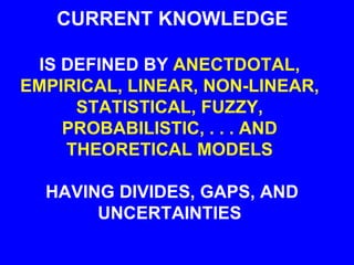 CURRENT KNOWLEDGE
IS DEFINED BY ANECTDOTAL,
EMPIRICAL, LINEAR, NON-LINEAR,
STATISTICAL, FUZZY,
PROBABILISTIC, . . . AND
THEORETICAL MODELS
HAVING DIVIDES, GAPS, AND
UNCERTAINTIES
 