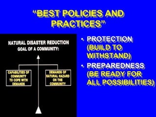 “BEST POLICIES AND
PRACTICES”
• PROTECTION
(BUILD TO
WITHSTAND)
• PREPAREDNESS
(BE READY FOR
ALL POSSIBILITIES)
 
