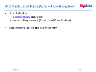 Architecture of Megastore – How it deploy?

• How it deploy
   – a client library (DB logic)
   – and auxiliary servers (for across-DC replication)


• Applications link to the client library




      2012/3/25                                          13
 