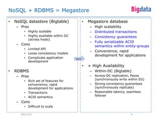 NoSQL + RDBMS = Megastore

•   NoSQL datastore (Bigtable)                    •   Megastore database
    – Pros                                             – High scalability
         • Highly scalable                             – Distributed transactions
         • Highly available within DC                  – Consistency guarantees
           (across hosts)
                                                       – Fully serializable ACID
    – Cons
                                                         semantics within entity-groups
         • Limited API
                                                       – Convenience, rapid
         • Loose consistency models
                                                         development for applications
         • Complicate application         blend
           development
                                                  •   + High Availability
•   RDBMS                                              – Within-DC (Bigtable)
    – Pros                                             –   Across-DC replication, Paxos
                                                           (synchronously write within EG)
         • Rich set of features for
           convenience, rapid                          –   Strong consistency guarantees
           development for applications                    (synchronously replicate)
         • Transactions                                –   Reasonable latency, seamless
                                                           failover
         • ACID semantics
    – Cons
         • Difficult to scale

       2012/3/25                                                                 6
 