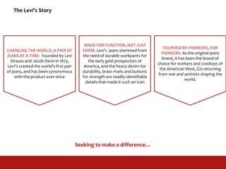 CHANGING THE WORLD, A PAIR OF
JEANS AT A TIME: Founded by Levi
Strauss and Jacob Davis in 1873,
Levi’s created the world’s first pair
of jeans, and has been synonymous
with the product ever since
FOUNDED BY PIONEERS, FOR
PIONEERS: As the original jeans
brand, it has been the brand of
choice for workers and cowboys of
the American West, GIs returning
from war and activists shaping the
world.
MADE FOR FUNCTION, NOT JUST
FORM: Levi’s jeans stemmed from
the need of durable workpants for
the early gold prospectors of
America, and the heavy denim for
durability, brass rivets and buttons
for strength are readily identifiable
details that made it such an icon
The Levi’s Story
Seeking to make a difference…
 