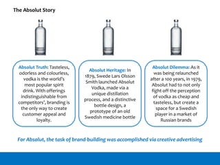 Absolut Truth: Tasteless,
odorless and colourless,
vodka is the world’s
most popular spirit
drink. With offerings
indistinguishable from
competitors’, branding is
the only way to create
customer appeal and
loyalty.
Absolut Heritage: In
1879, Swede Lars Olsson
Smith launched Absolut
Vodka, made via a
unique distillation
process, and a distinctive
bottle design, a
prototype of an old
Swedish medicine bottle
Absolut Dilemma: As it
was being relaunched
after a 100 years, in 1979,
Absolut had to not only
fight off the perception
of vodka as cheap and
tasteless, but create a
space for a Swedish
player in a market of
Russian brands
The Absolut Story
For Absolut, the task of brand-building was accomplished via creative advertising
 
