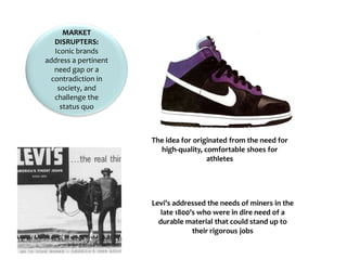MARKET
DISRUPTERS:
Iconic brands
address a pertinent
need gap or a
contradiction in
society, and
challenge the
status quo
The idea for originated from the need for
high-quality, comfortable shoes for
athletes
Levi’s addressed the needs of miners in the
late 1800’s who were in dire need of a
durable material that could stand up to
their rigorous jobs
 