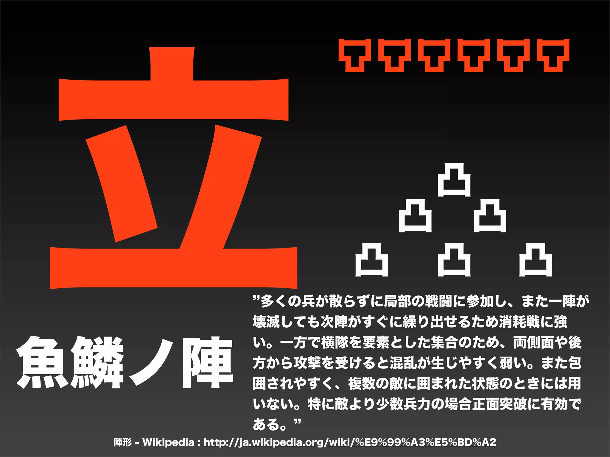 凸凸凸凸凸凸




面
鶴翼ノ陣
                                    凸
                                     凸
                                                凸
                          中心に大将を配置し、敵が両翼の間に入ってくると
                         同時にそれを閉じることで包囲・殲滅するのが目的。
                         ただし、敵にとっては中心に守備が少なく大将を攻め
                         やすいため、両翼の部隊が包囲するまで中軍が持ち堪
                                                      凸
                                                             凸
                                                                    凸
                                                                     凸




                         えなくてはならないというリスクも孕んでいる。

 陣形 - Wikipedia : http://ja.wikipedia.org/wiki/%E9%99%A3%E5%BD%A2
 