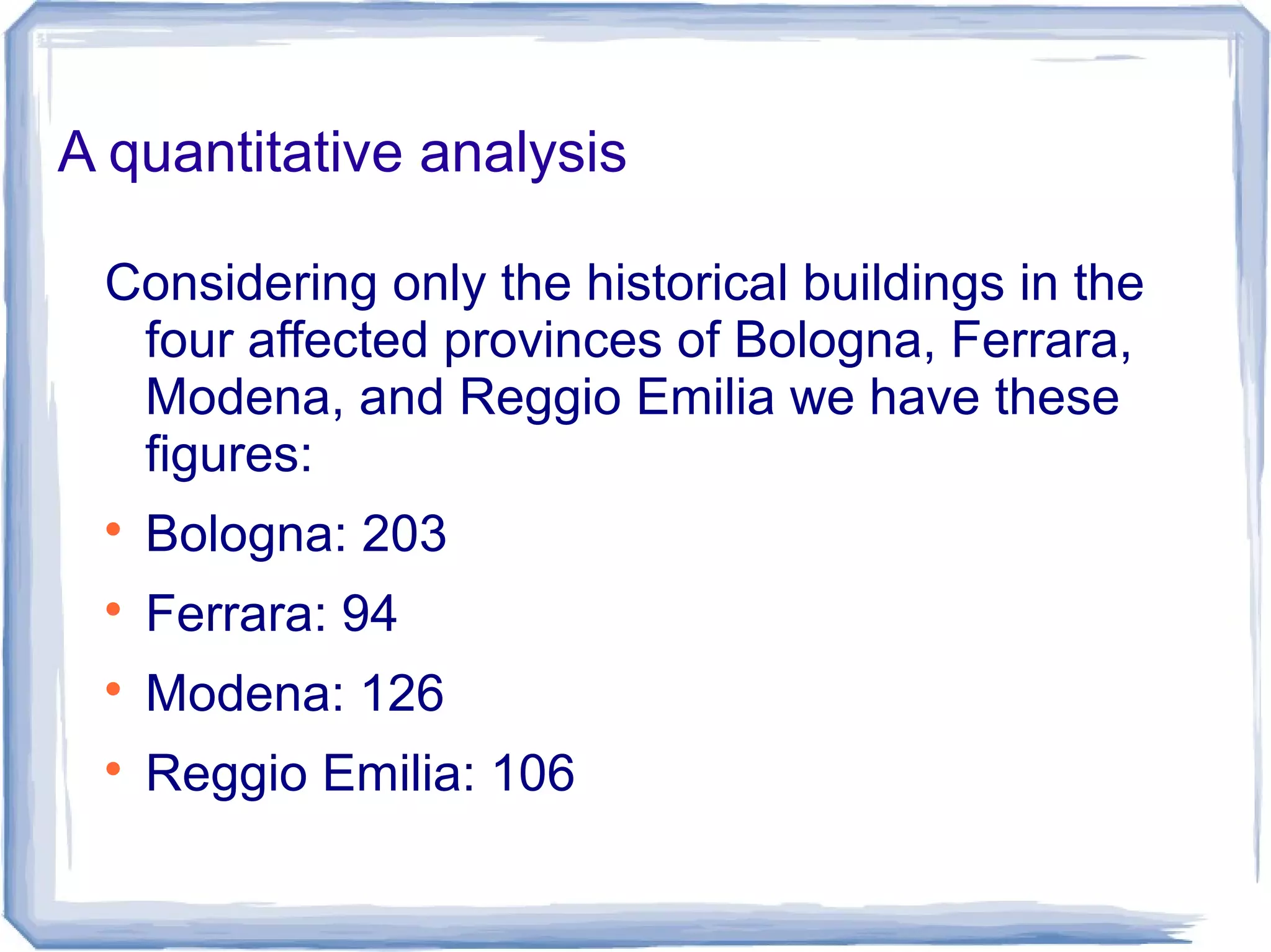A quantitative analysis
Considering only the historical buildings in the
four affected provinces of Bologna, Ferrara,
Modena, and Reggio Emilia we have these
figures:

Bologna: 203

Ferrara: 94

Modena: 126

Reggio Emilia: 106
 