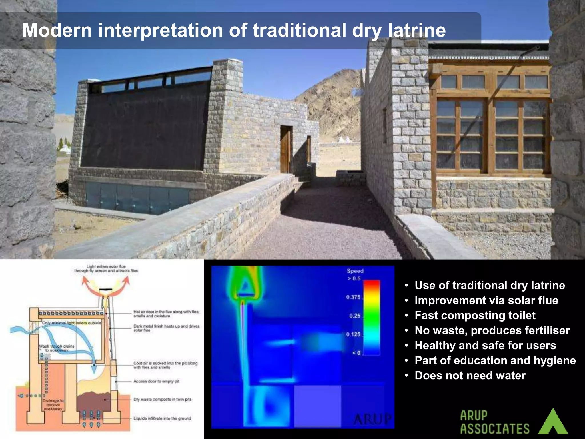 Modern interpretation of traditional dry latrine




                                           •   Use of traditional dry latrine
                                           •   Improvement via solar flue
                                           •   Fast composting toilet
                                           •   No waste, produces fertiliser
                                           •   Healthy and safe for users
                                           •   Part of education and hygiene
                                           •   Does not need water
 