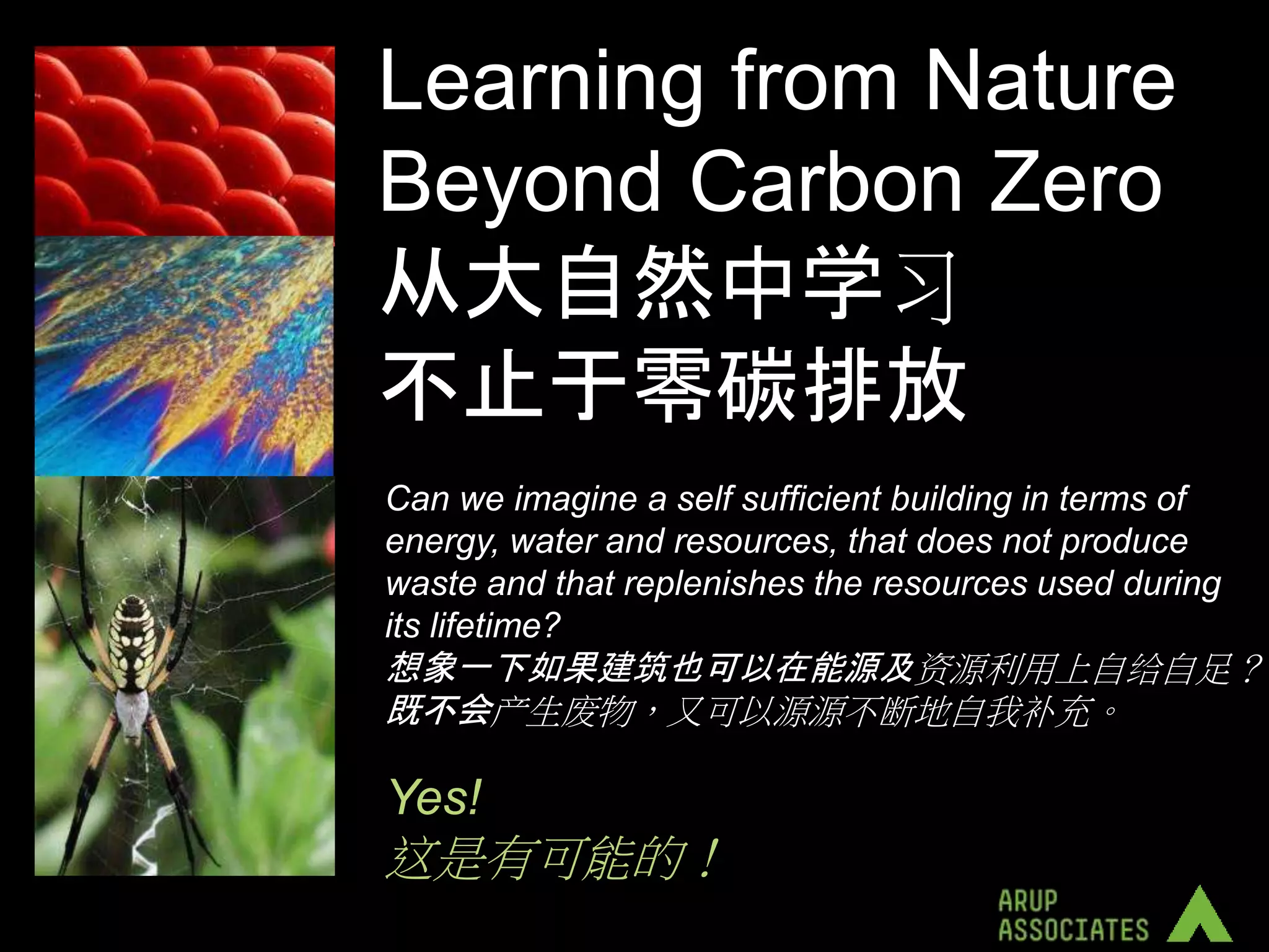 Learning from Nature
Beyond Carbon Zero
从大自然中学习
不止于零碳排放
Can we imagine a self sufficient building in terms of
energy, water and resources, that does not produce
waste and that replenishes the resources used during
its lifetime?
想象一下如果建筑也可以在能源及资源利用上自给自足？
既不会产生废物，又可以源源不断地自我补充。

Yes!
这是有可能的！
 