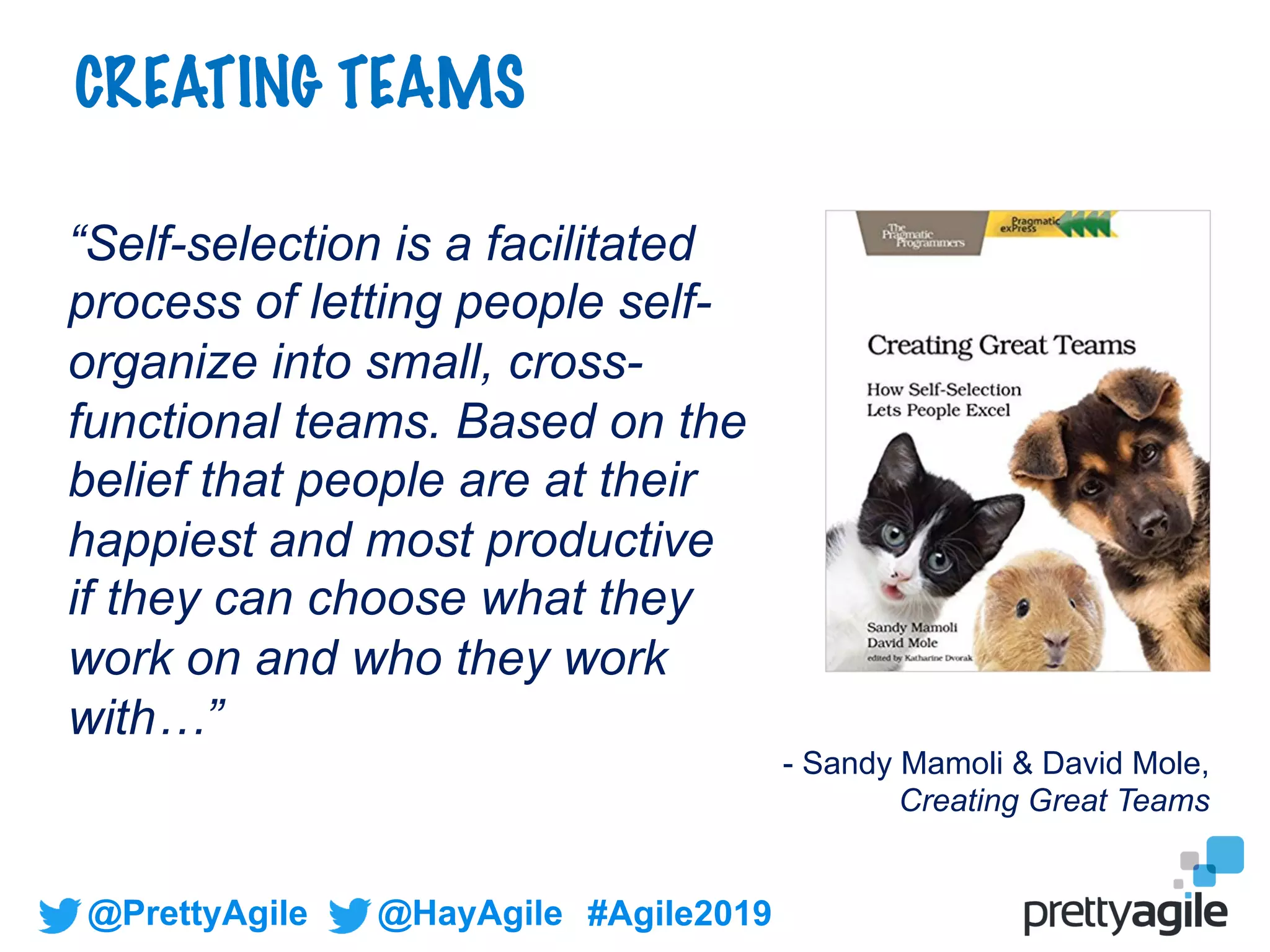 @PrettyAgile @HayAgile #Agile2019
CREATING TEAMS
“Self-selection is a facilitated
process of letting people self-
organize into small, cross-
functional teams. Based on the
belief that people are at their
happiest and most productive
if they can choose what they
work on and who they work
with…”
- Sandy Mamoli & David Mole,
Creating Great Teams
 