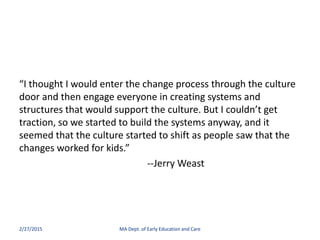 “I thought I would enter the change process through the culture
door and then engage everyone in creating systems and
stru...