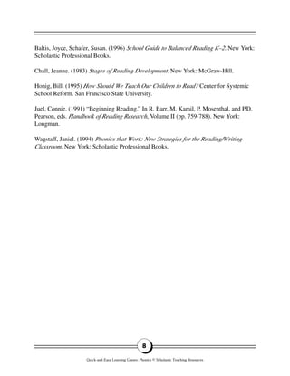 8
Baltis, Joyce, Schafer, Susan. (1996) School Guide to Balanced Reading K–2. New York:
Scholastic Professional Books.
Chall, Jeanne. (1983) Stages of Reading Development. New York: McGraw-Hill.
Honig, Bill. (1995) How Should We Teach Our Children to Read? Center for Systemic
School Reform. San Francisco State University.
Juel, Connie. (1991) “Beginning Reading.” In R. Barr, M. Kamil, P. Mosenthal, and P.D.
Pearson, eds. Handbook of Reading Research, Volume II (pp. 759-788). New York:
Longman.
Wagstaff, Janiel. (1994) Phonics that Work: New Strategies for the Reading/Writing
Classroom. New York: Scholastic Professional Books.
Quick-and-Easy Learning Games: Phonics © Scholastic Teaching Resources
 