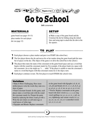 game board (see pages 10–11)
place marker for each player
die (see page 12)
▲▲ Make a copy of the game board and die.
Construct the die by folding along the dotted
lines and using tape to attach the die tabs to the
die squares.
Each player chooses a place marker and puts it on START (the school bus).
The first player throws the die and moves his or her marker along the game board path the num-
ber of spaces on the die. (The object of the game is to drive the school bus to the school.)
The player then states the name of the consonant on the game board space and says a word that
begins with the sound the consonant stands for. For example, if the player lands on a space with
the consonant t, he or she might say “t . . . table.” If the player is unable to state the consonant’s
name or a word that begins with that consonant sound, he or she skips a turn.
Each player continues in turn. The first player to reach FINISH (the school) wins.
TTOO PPLL AAYY
MAMATERIALSTERIALS SETUPSETUP
1
2
3
4
Variations
• Make It More Challenging: Have more
skilled players write the words they state on a
sheet of paper.
• Final Consonant Sounds: In this game, each
player states a word that ends with the sound
the consonant stands for. Prepare the game
board by replacing the letters h and qu with x.
Write the new letters on self-stick tags or
small pieces of white tape.
• Digraphs and Blends: Replace consonants
on the game board with digraphs (ch, th, sh,
wh, ph) and blends (bl, br, cl, cr, dr, fl, fr, gl,
gr, pl, pr, sc, sk, sl, sm, sn, sp, st, sw, tr, tw).
• Vowels: Replace consonants on the game
board with short vowels (a, e, i, o, u), long
vowel spellings (ai, ay, ea, ee, ie, y, igh, oa,
ow), diphthongs and variant vowels (oi, oy,
au, aw, ou, ow, oo), or r-controlled vowels
(ar, er, ir, or, ur).
9
GotoSchoolSkill: consonants
Players: 2 to 4
Quick-and-Easy Learning Games: Phonics © Scholastic Teaching Resources
 