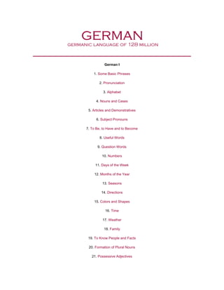 German I 
1. Some Basic Phrases 
2. Pronunciation 
3. Alphabet 
4. Nouns and Cases 
5. Articles and Demonstratives 
6. Subject Pronouns 
7. To Be, to Have and to Become 
8. Useful Words 
9. Question Words 
10. Numbers 
11. Days of the Week 
12. Months of the Year 
13. Seasons 
14. Directions 
15. Colors and Shapes 
16. Time 
17. Weather 
18. Family 
19. To Know People and Facts 
20. Formation of Plural Nouns 
21. Possessive Adjectives  