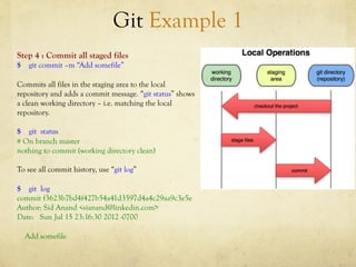 Git Example 1
Step 4 : Commit all staged files
$ git commit –m “Add somefile”

Commits all files in the staging area to the local
repository and adds a commit message. “git status” shows
a clean working directory – i.e. matching the local
repository.

$ git status
# On branch master
nothing to commit (working directory clean)

To see all commit history, use “git log”

$ git log
commit f3623b7bd4f427b54a41d3597d4a4c29aa9c3e5e
Author: Sid Anand <sianand@linkedin.com>
Date: Sun Jul 15 23:16:30 2012 -0700

  Add somefile
 