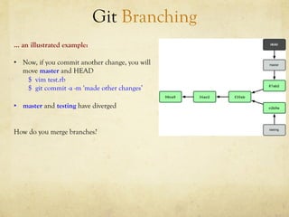 Git Branching
… an illustrated example:

•  Now, if you commit another change, you will
   move master and HEAD
    $ vim test.rb
    $ git commit -a -m 'made other changes’

•  master and testing have diverged


How do you merge branches?
 