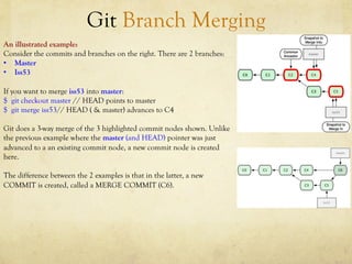 Git Branch Merging
An illustrated example:
Consider the commits and branches on the right. There are 2 branches:
•  Master
•  Iss53

If you want to merge iss53 into master:
$ git checkout master // HEAD points to master
$ git merge iss53// HEAD ( & master) advances to C4

Git does a 3-way merge of the 3 highlighted commit nodes shown. Unlike
the previous example where the master (and HEAD) pointer was just
advanced to a an existing commit node, a new commit node is created
here.

The difference between the 2 examples is that in the latter, a new
COMMIT is created, called a MERGE COMMIT (C6).
 