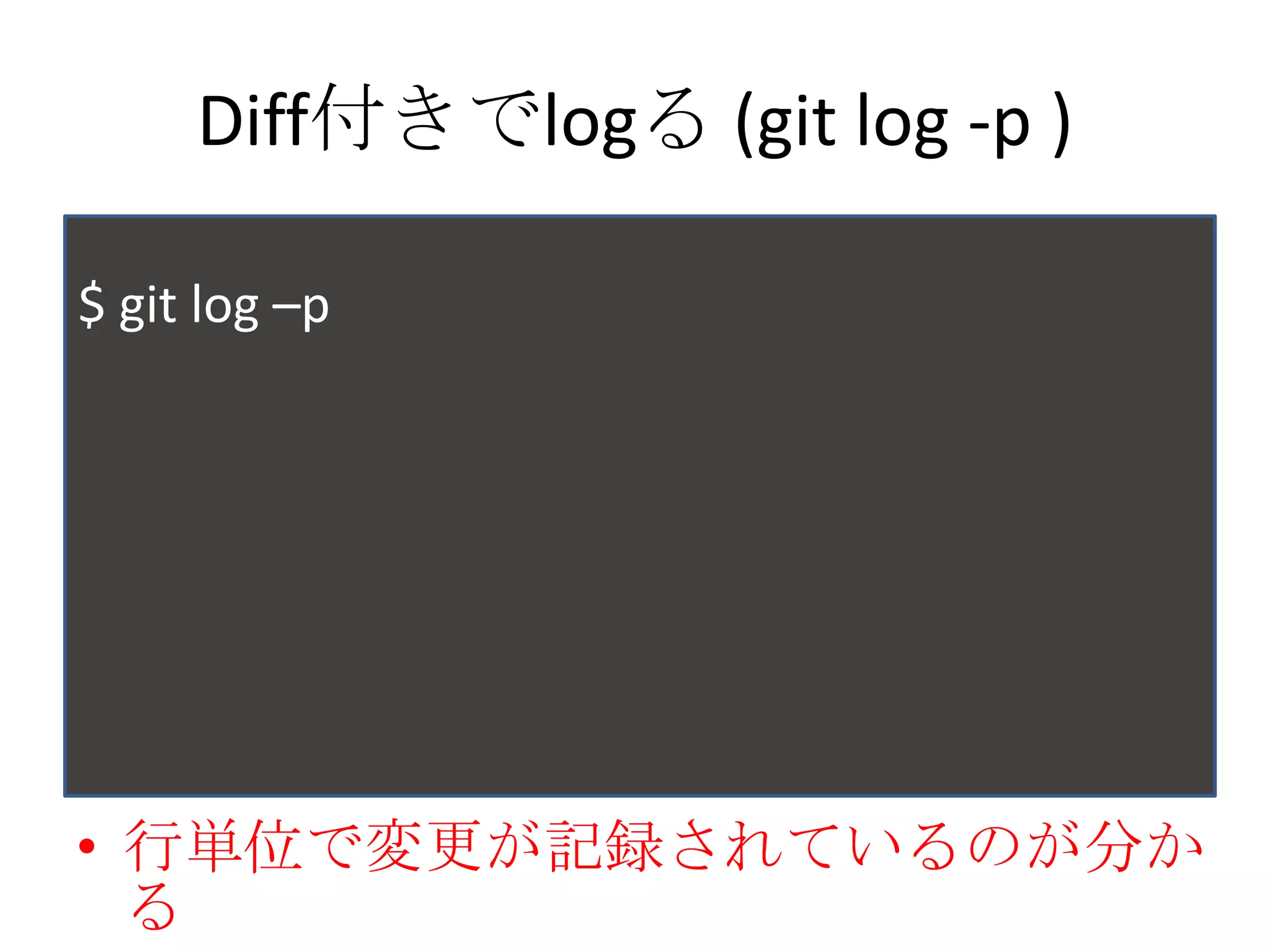 Diff付きでlogる (git log -p )

$ git log –p




• 行単位で変更が記録されているのが分か
  る
 