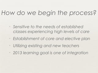 How do we begin the process?
  •   Sensitive to the needs of established
      classes experiencing high levels of care
  •   Establishment of core and elective plan
  •   Utilizing existing and new teachers
  •   2013 learning goal is one of integration
 
