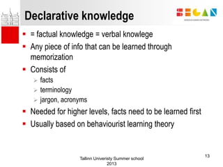 Declarative knowledge
 = factual knowledge = verbal knowlege
 Any piece of info that can be learned through
memorization...
