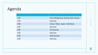 Agenda
G
e
t
G
o
i
n
g
6
1:00 Intro, Background, Tooling, Basic Syntax
1:30 Exercises
2:00 Arrays / Slices, Types / Interfaces
2:30 Exercises
3:00 Go Routines
3:30 Exercises
4:00 Web Services
4:30 Exercises
 