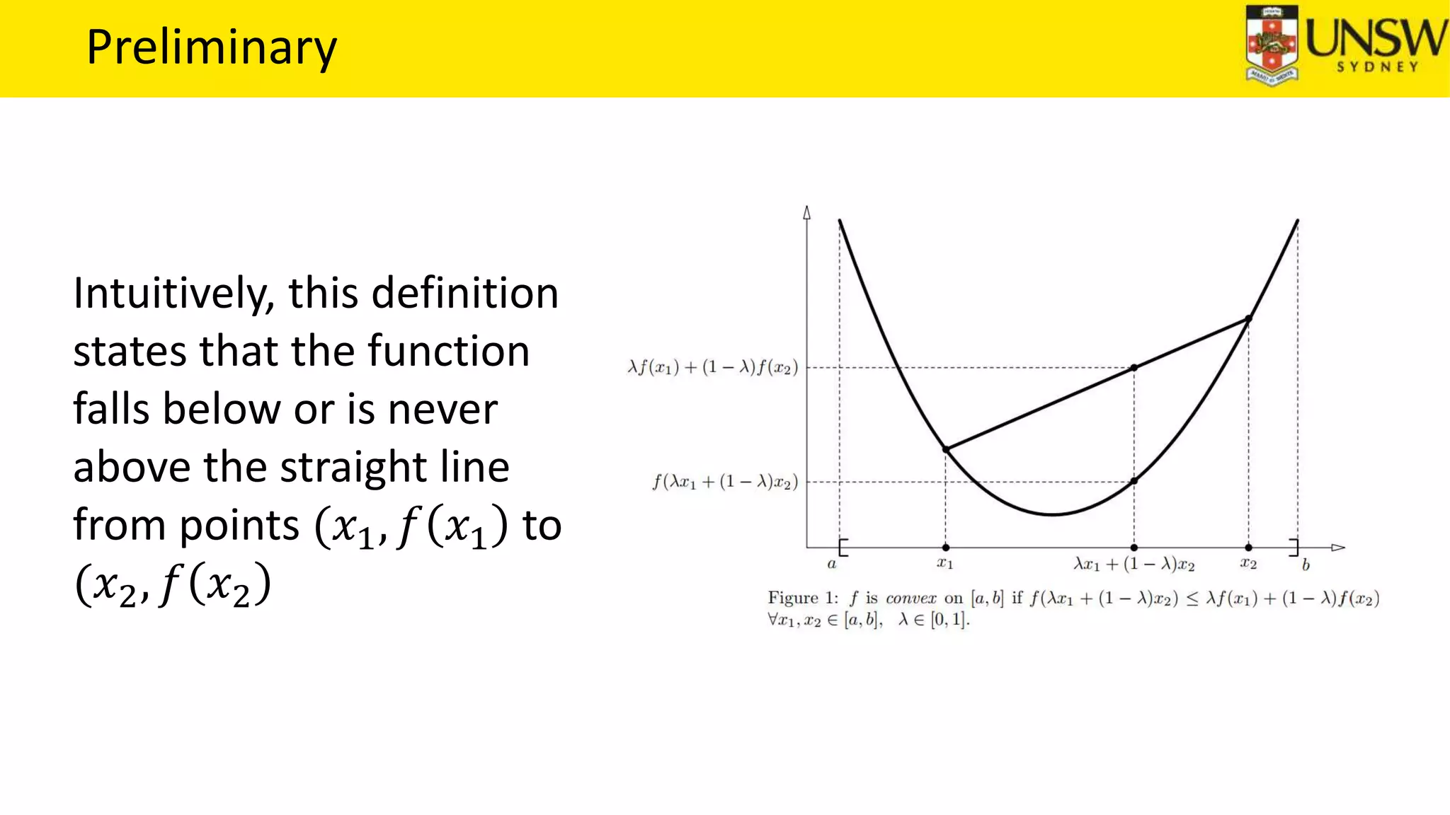 Preliminary
Intuitively, this definition
states that the function
falls below or is never
above the straight line
from points (𝑥1, 𝑓 𝑥1 to
(𝑥2, 𝑓 𝑥2
 