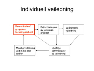 Individuell veiledning Dokumentasjon av forskings- arbeidet Spørsmål til veiledning Den enkeltes/ gruppers forskingsarbeid Muntlig veiledning ved møte eller telefon  Skriftlige kommentarer og veiledning 