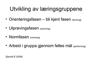 Utvikling av læringsgruppene Orienteringsfasen – bli kjent fasen  (forming) Utprøvingsfasen  (storming) Normfasen  (norming) Arbeid i gruppa gjennom felles mål  (performing) Sjøvold E (2006) 