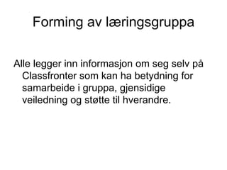 Forming av læringsgruppa Alle legger inn informasjon om seg selv på Classfronter som kan ha betydning for samarbeide i gruppa, gjensidige veiledning og støtte til hverandre. 