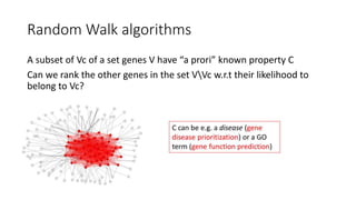 Random Walk algorithms
A subset of Vc of a set genes V have “a prori” known property C
Can we rank the other genes in the set VVc w.r.t their likelihood to
belong to Vc?
 