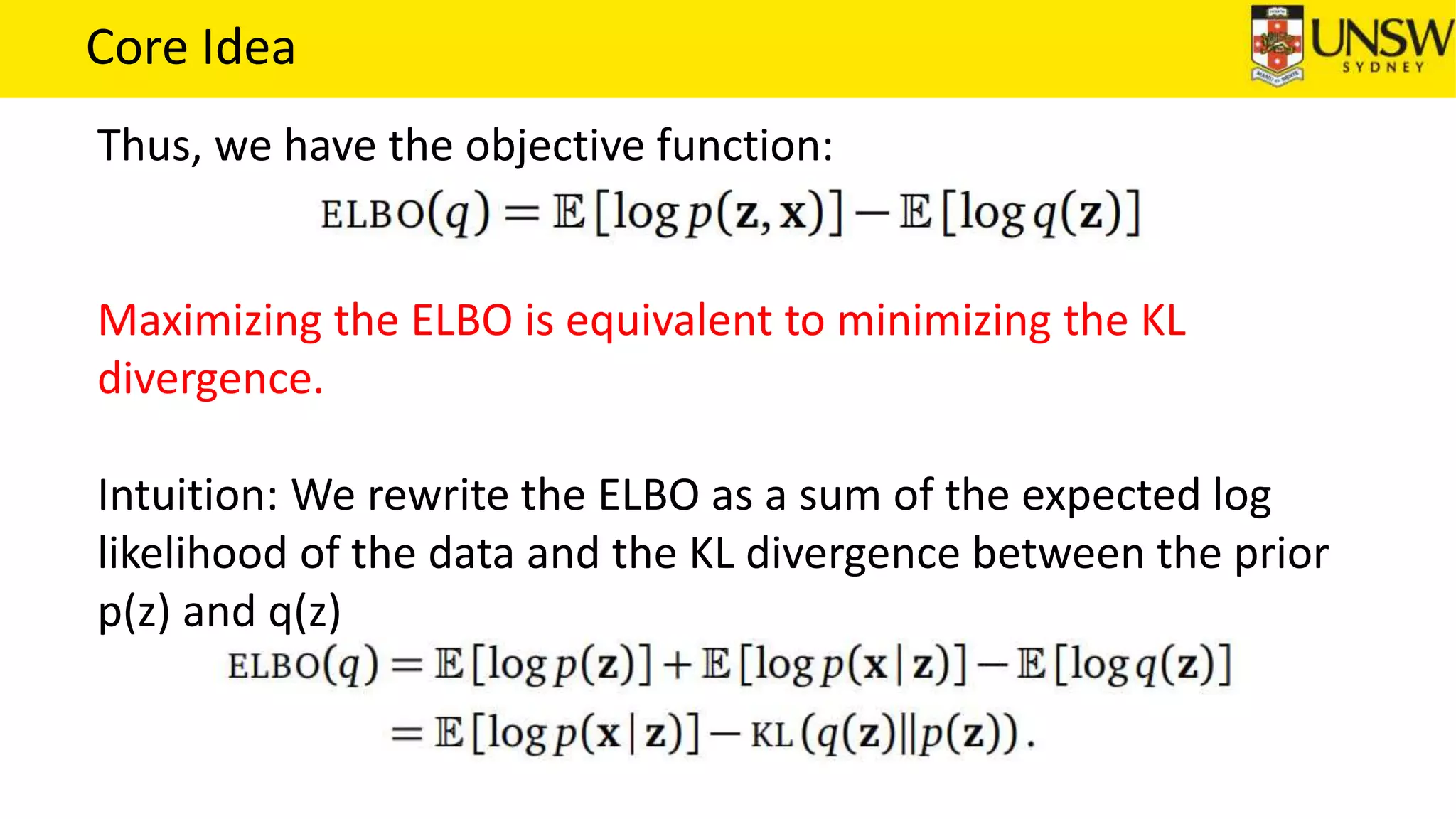 Core Idea
Thus, we have the objective function:
Maximizing the ELBO is equivalent to minimizing the KL
divergence.
Intuition: We rewrite the ELBO as a sum of the expected log
likelihood of the data and the KL divergence between the prior
p(z) and q(z)
 
