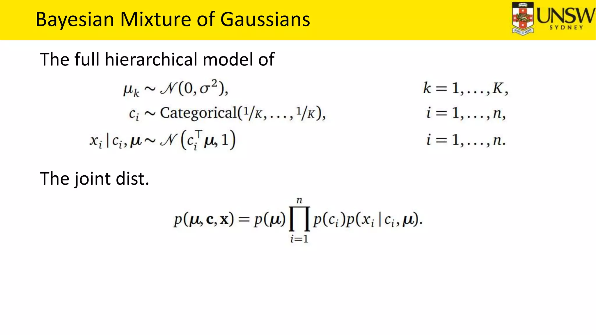 Bayesian Mixture of Gaussians
The full hierarchical model of
The joint dist.
 