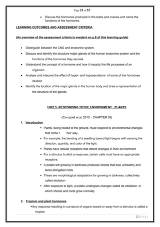 Page 22 of 25
• Discuss the hormones produced in the testis and ovaries and name the
functions of the hormones.
LEARNING OUTCOMES AND ASSESSMENT CRITERIA
(An overview of the assessment criteria is evedent on p.6 of this learning guide)
• Distinguish between the CNS and endocrine system.
• Discuss and identify the structure major glands of the human endocrine system and the
functions of the hormones they secrete.
• Understand the concept of a hormone and how it impacts the life processes of an
organism.
• Analyse and interpret the effect of hyper- and hyposecretions of some of the hormones
studied.
• Identify the location of the major glands in the human body and draw a representation of
the structure of the glands.
UNIT 5: RESPONDING TOTHE ENVIRONMENT : PLANTS
(Campbell et.al, 2010 – CHAPTER 39)
1. Introduction
 Plants, being rooted to the ground, must respond to environmental changes
that come t heir way.
 For example, the bending of a seedling toward light begins with sensing the
direction, quantity, and color of the light.
 Plants have cellular receptors that detect changes in their environment
 For a stimulus to elicit a response, certain cells must have an appropriate
receptors.
 A potato left growing in darkness produces shoots that look unhealthy and
lacks elongated roots
 These are morphological adaptations for growing in darkness, collectively
called etiolation
 After exposure to light, a potato undergoes changes called de-etiolation, in
which shoots and roots grow normally
2. Tropism and plant hormones
Any response resulting in curvature of organs toward or away from a stimulus is called a
tropism
22 | P a g e
 