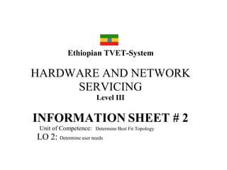 Ethiopian TVET-System
HARDWARE AND NETWORK
SERVICING
Level III
INFORMATION SHEET # 2
Unit of Competence: Determine Best Fit Topology
LO 2: Determine user needs
 