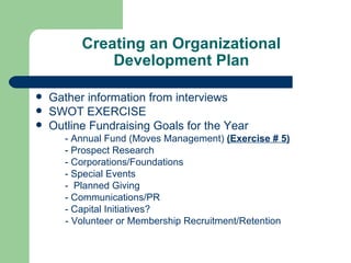 Creating an Organizational
              Development Plan

   Gather information from interviews
   SWOT EXERCISE
   Outline Fundraising Goals for the Year
       - Annual Fund (Moves Management) (Exercise # 5)
       - Prospect Research
       - Corporations/Foundations
       - Special Events
       - Planned Giving
       - Communications/PR
       - Capital Initiatives?
       - Volunteer or Membership Recruitment/Retention
 