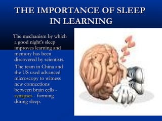 THE IMPORTANCE OF SLEEPTHE IMPORTANCE OF SLEEP
IN LEARNINGIN LEARNING
The mechanism by whichThe mechanism by which
a good night's sleepa good night's sleep
improves learning andimproves learning and
memory has beenmemory has been
discovered by scientists.discovered by scientists.
The team in China andThe team in China and
the US used advancedthe US used advanced
microscopy to witnessmicroscopy to witness
new connectionsnew connections
between brain cells -between brain cells -
synapsessynapses - forming- forming
during sleep.during sleep.
 