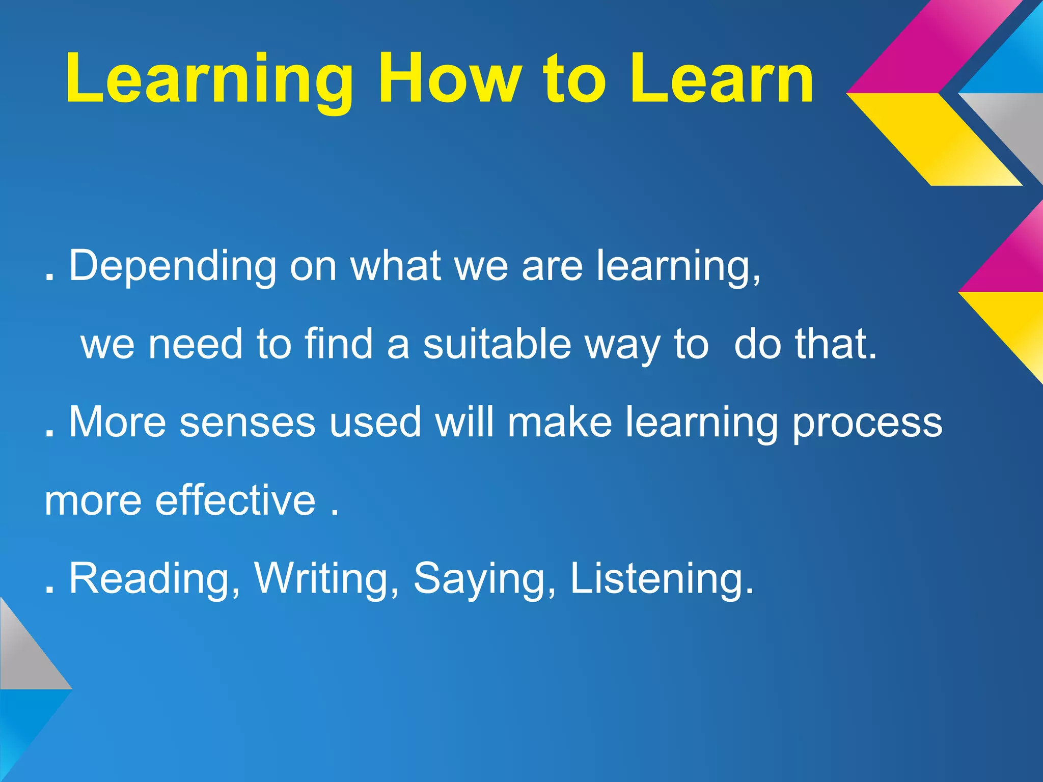 . Depending on what we are learning,
we need to find a suitable way to do that.
. More senses used will make learning process
more effective .
. Reading, Writing, Saying, Listening.
Learning How to Learn
 