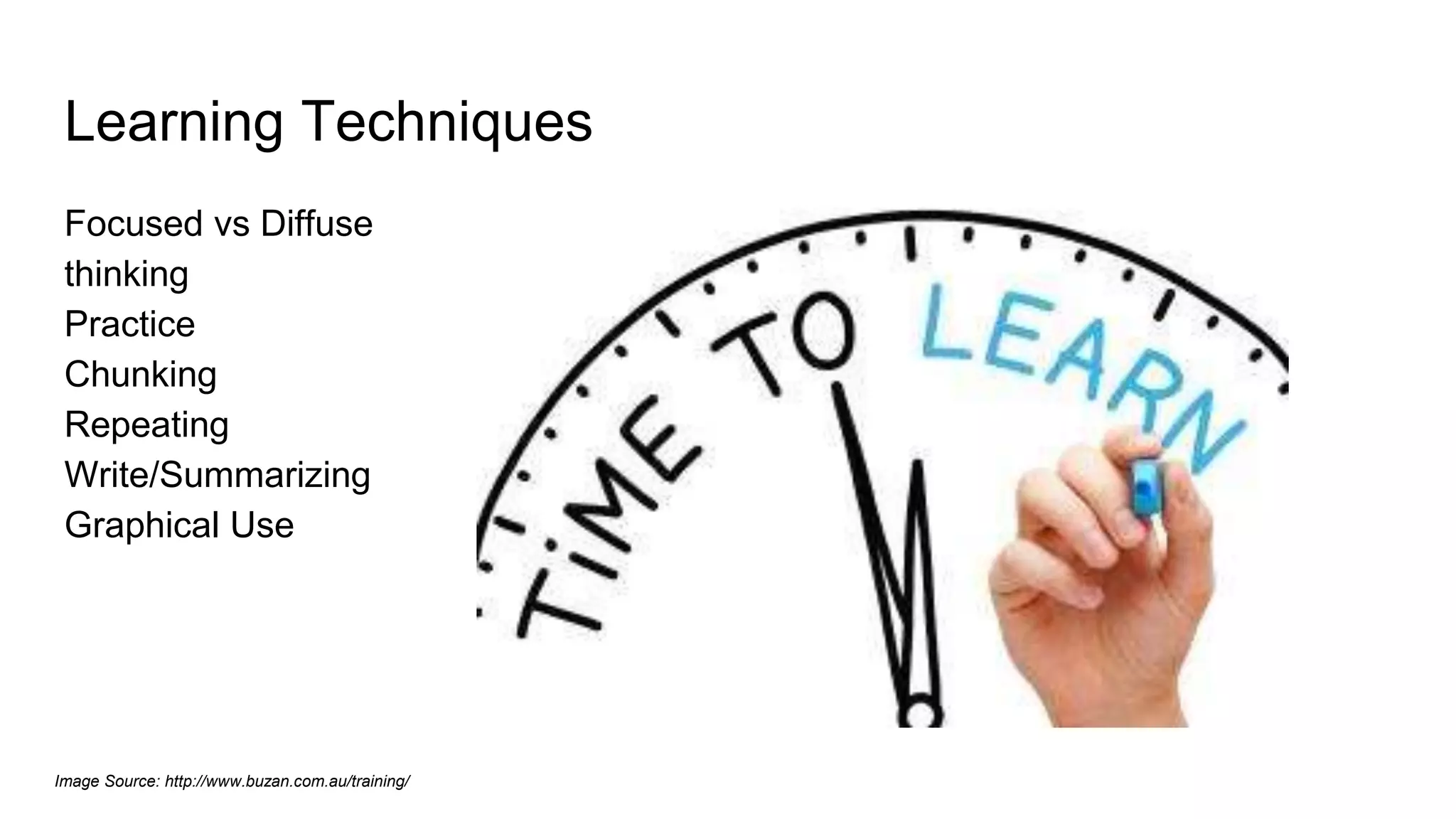 Learning Techniques
Focused vs Diffuse
thinking
Practice
Chunking
Repeating
Write/Summarizing
Graphical Use
Image Source: http://www.buzan.com.au/training/
 