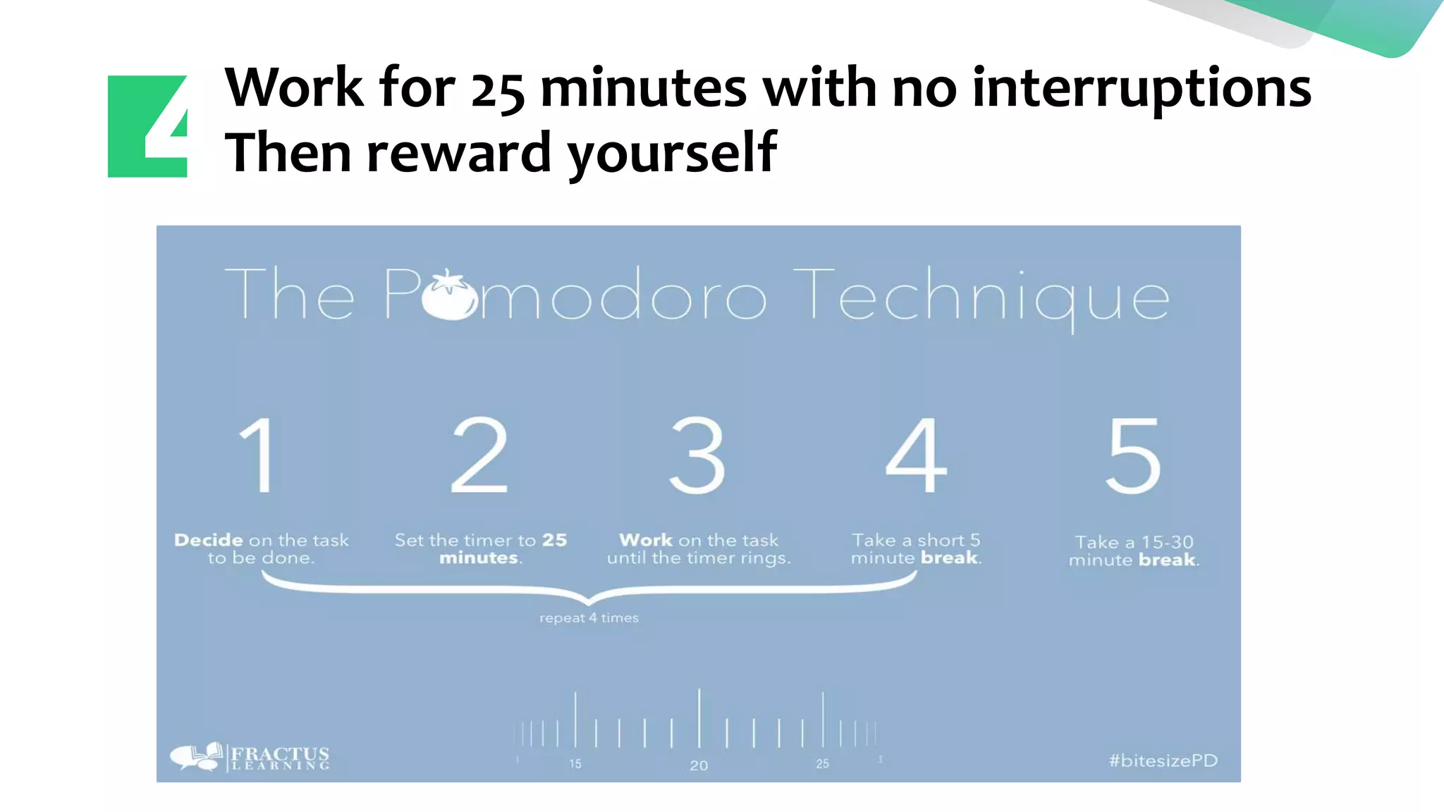 Work for 25 minutes with no interruptions
Then reward yourself
 