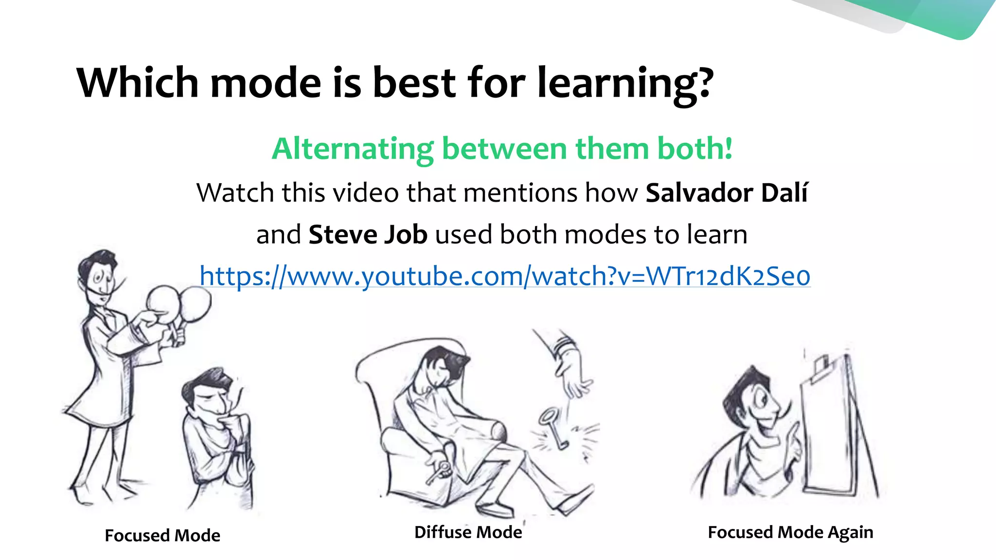 Which mode is best for learning?
Alternating between them both!
Watch this video that mentions how Salvador Dalí
and Steve Job used both modes to learn
https://www.youtube.com/watch?v=WTr12dK2Se0
Focused Mode Diffuse Mode Focused Mode Again
 